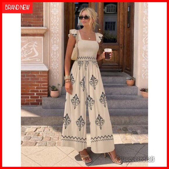 Summer Jumpsuit Wide Leg Smocked Bust Pockets Lightweight Polyester Spandex - Picture 2 of 7